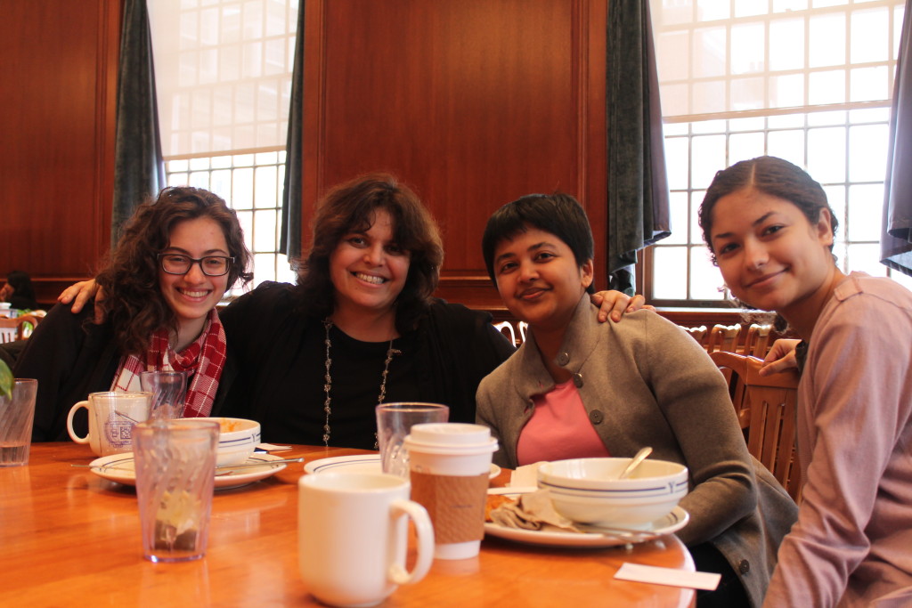 Judith Helfand having lunch with three students from Documentary and the Environment: Samantha  Lichtin, Ila Tyagi, and Tasnim Elboute